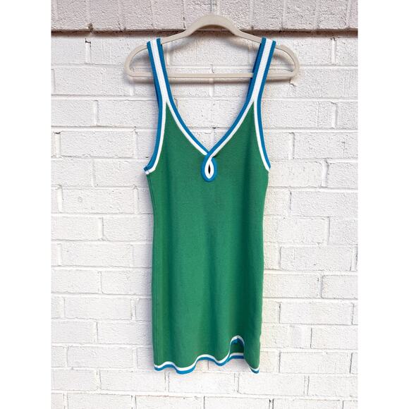 Free People Beach Green Knit Mini Sweater Dress M Keyhole Summer Resort Stretchy - Picture 2 of 11
